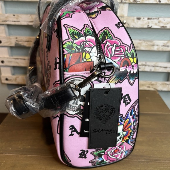 Ed Hardy Pink Y2K‎ Thermal Lunch Tote Hot or Cold Dual Straps Skulls Butterflies - Picture 6 of 15